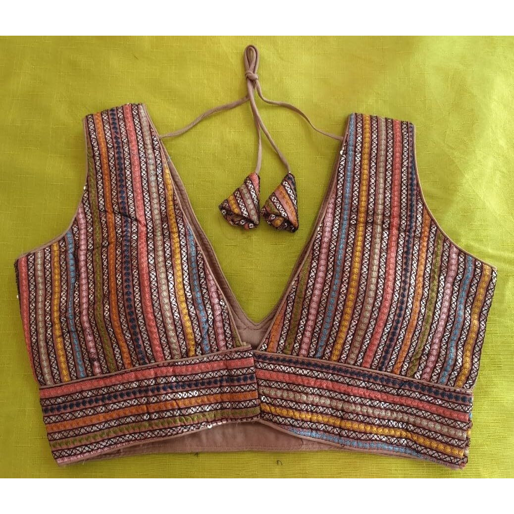 Pujia Mills Women's Sleeveless Sabyasachi Pattern V Neck Embroidery Work With Sequence Indian Ethnic Wear Readymade Saree Blouse For Lehenga Choli (Peach, 40)