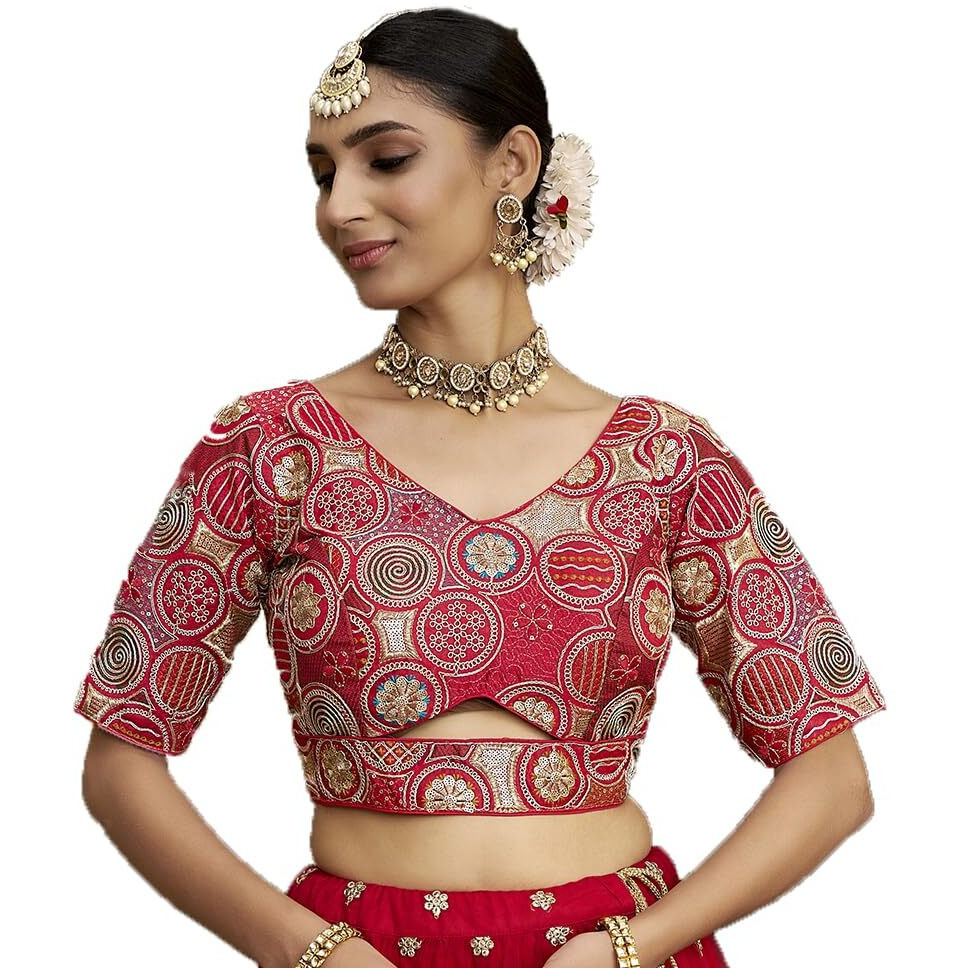 Pujia Mills Women's Blouse Readymade Blouse Embroidery Multi Coding Gold Thread Blouses Handwork Red Color Readymade Saree Blouse For Women For Saree And Lehenga Choli (A2420 Red 42)