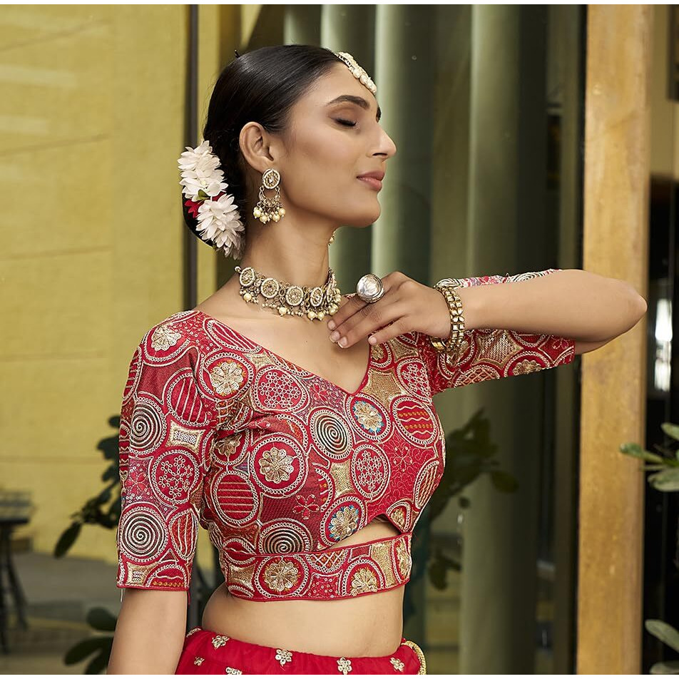 Pujia Mills Women's Blouse Readymade Blouse Embroidery Multi Coding Gold Thread Blouses Handwork Red Color Readymade Saree Blouse For Women For Saree And Lehenga Choli (A2420 Red 42)