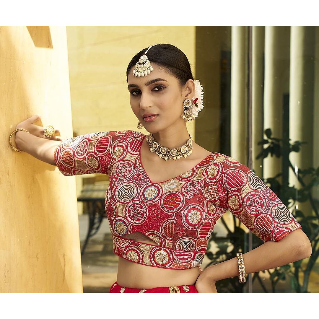 Pujia Mills Women's Blouse Readymade Blouse Embroidery Multi Coding Gold Thread Blouses Handwork Red Color Readymade Saree Blouse For Women For Saree And Lehenga Choli (A2420 Red 42)