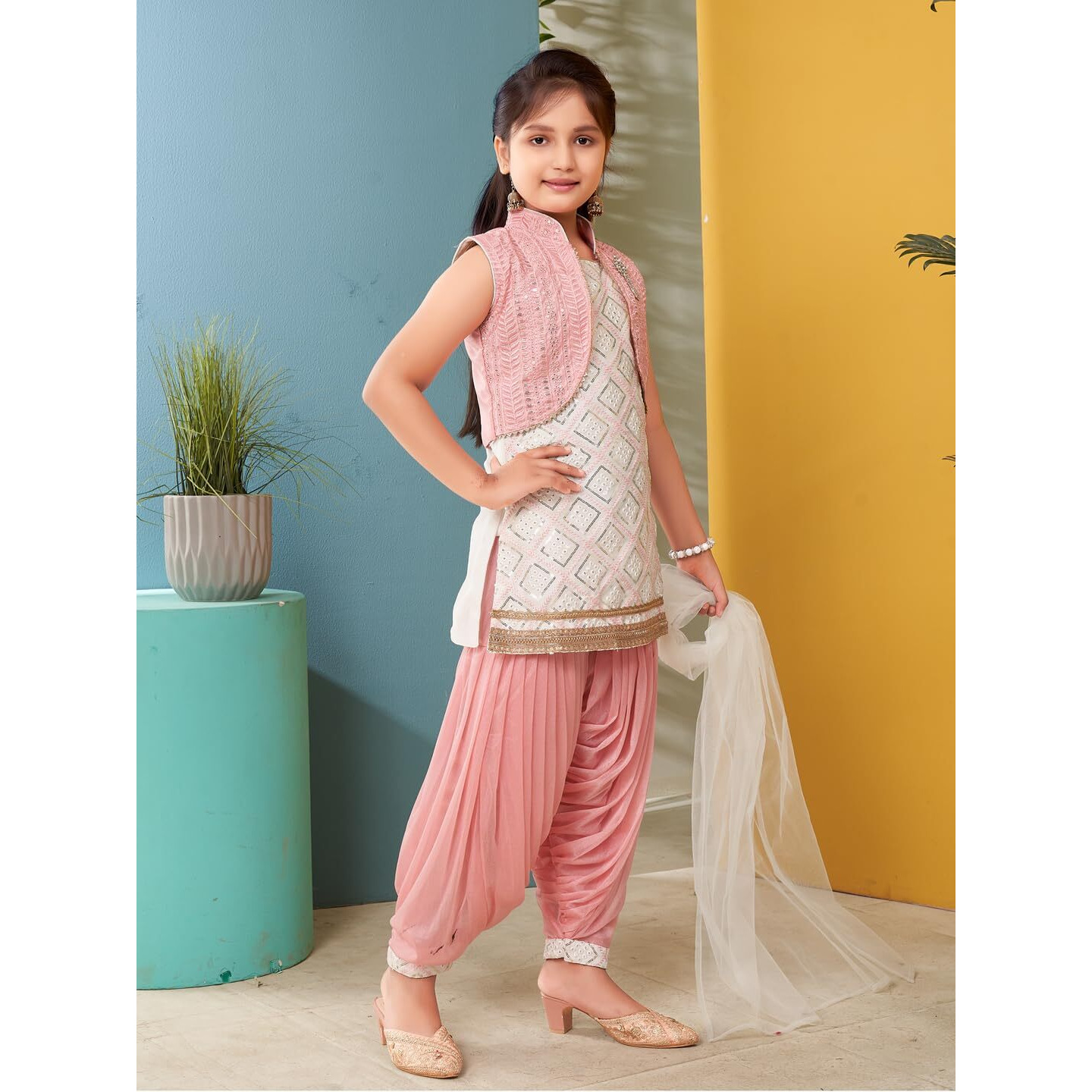 Aarika Girls Ethnic Wear White-Peach Colour Sequin Embroidery Lace Work Silk Kurti Patiala With Jacket (4-10 Years)
