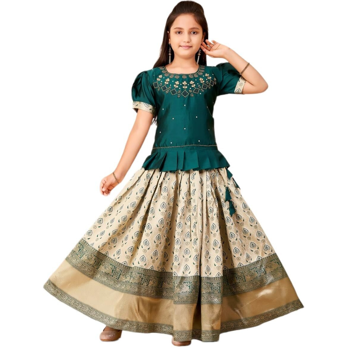 Aarika Girls Ethnic Wear Dark Green Colour Beads-Hand-Embroidery Silk Lehenga Choli Set (4-10 Years)