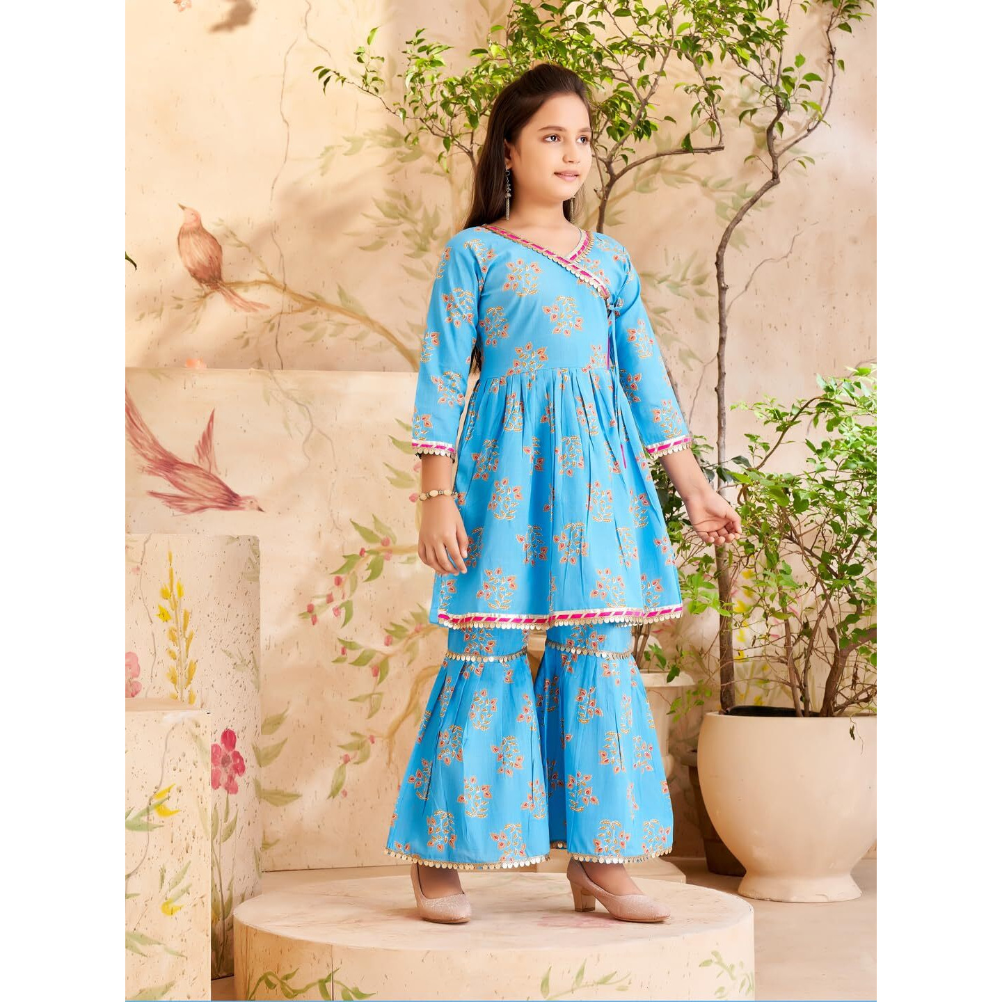 Aarika Girls Ethnic Wear Turquoise Colour Floral Print With Sequin Lace Cotton Kurti Sharara Set (5-16 Years)