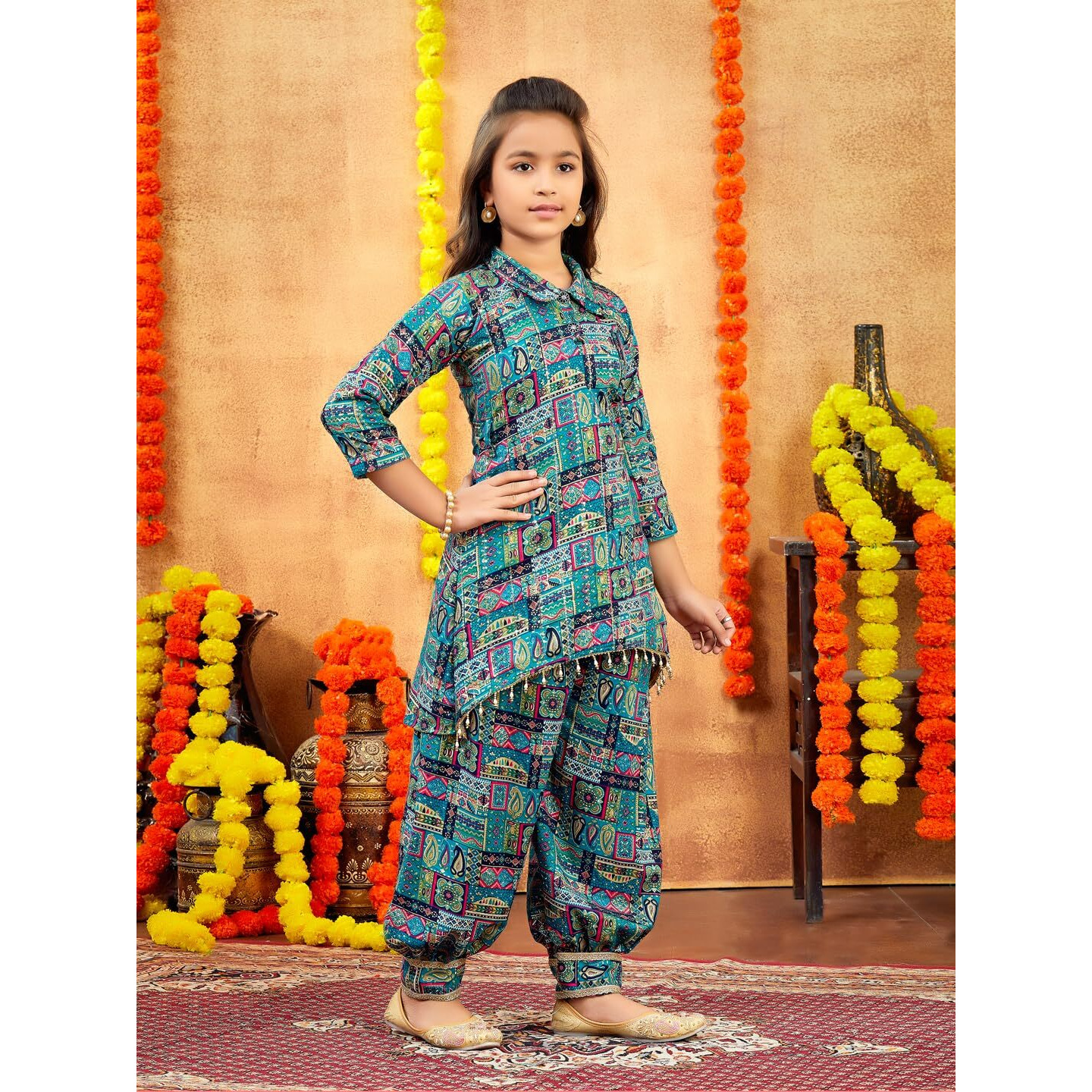 Aarika Girls Ethnic Wear Sea Green Colour Abstract Printed Cotton Kurti Patiala Set With Belt (4-10 Years)