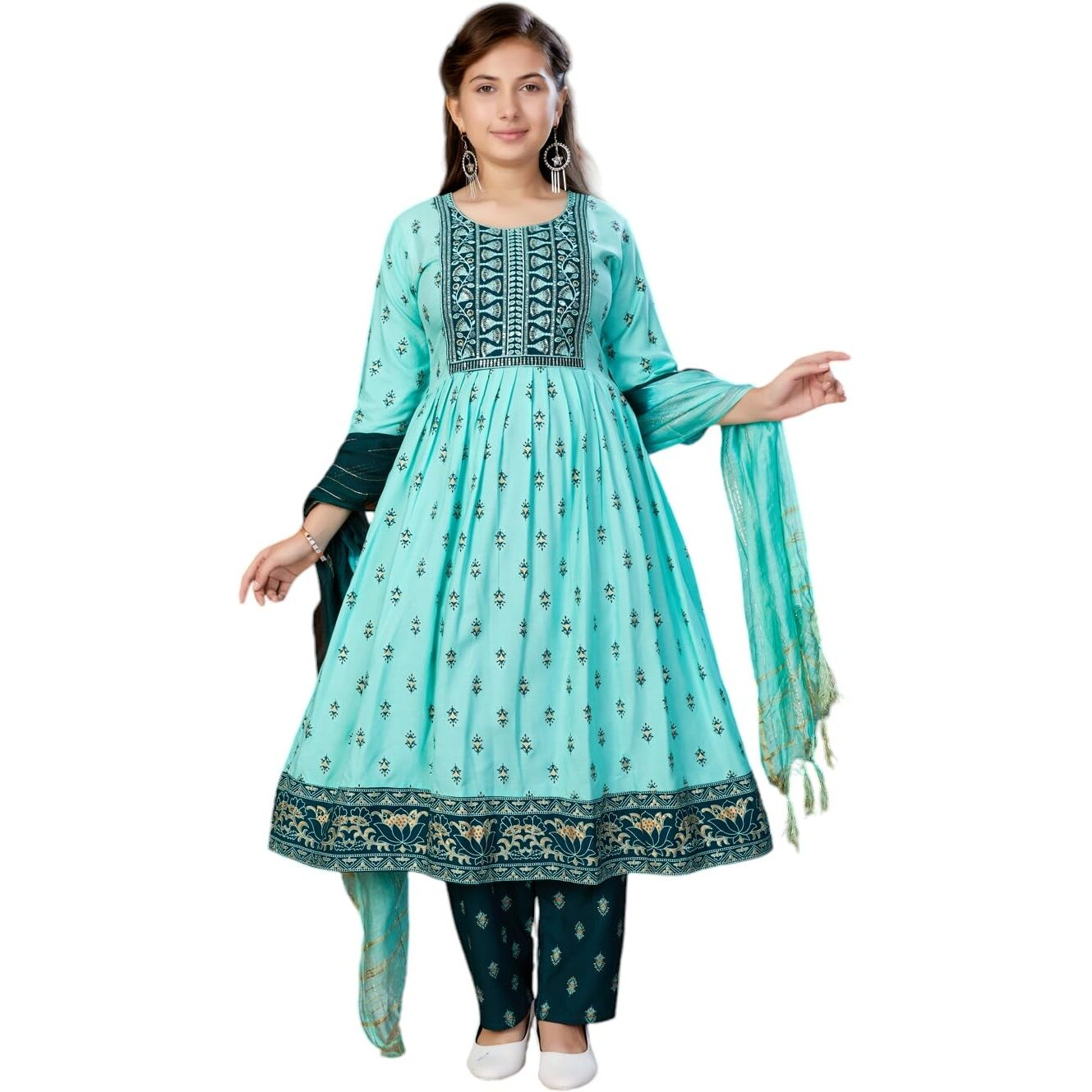 Aarika Girls Ethnic Wear Sea Green Colour Foil Print Sequin Rayon Kurti (9-16 Years)