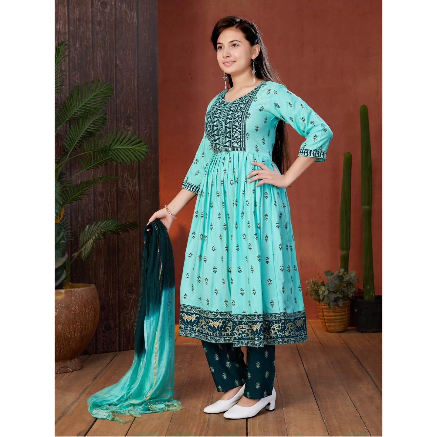 Aarika Girls Ethnic Wear Sea Green Colour Foil Print Sequin Rayon Kurti (9-16 Years)