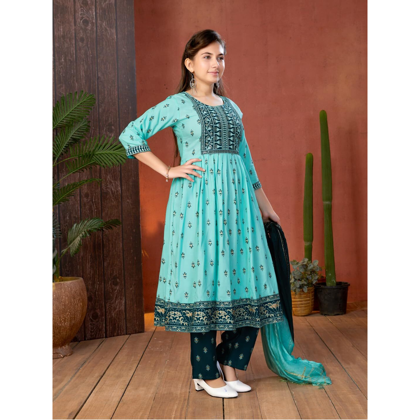 Aarika Girls Ethnic Wear Sea Green Colour Foil Print Sequin Rayon Kurti (9-16 Years)