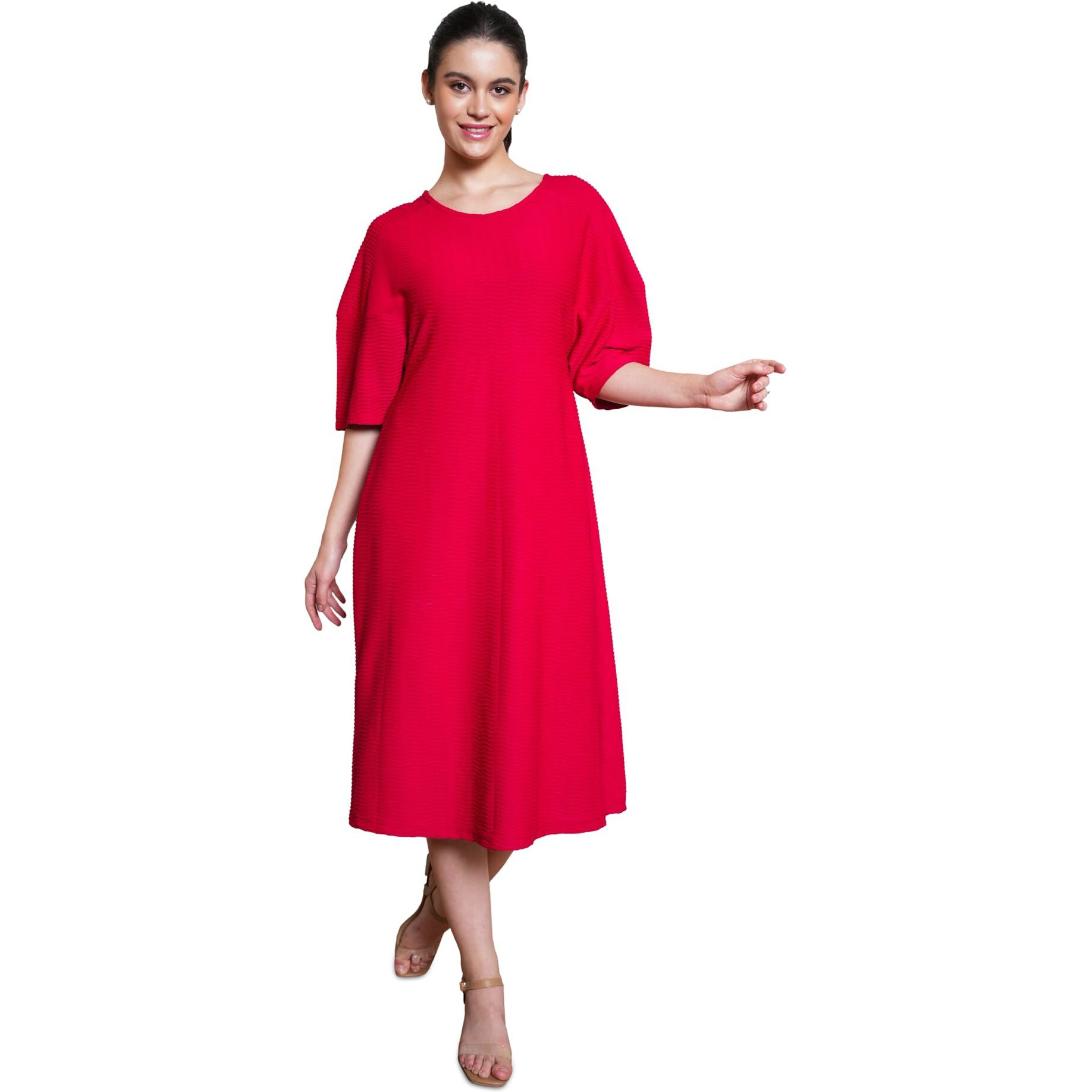 Purvaja Womens A-Line Midi Length Dress (Yuvi-045-Red_Red_Small)