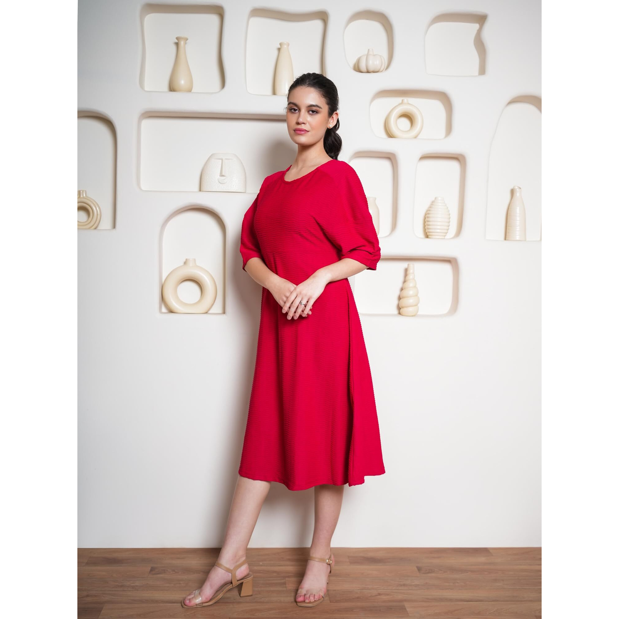 Purvaja Womens A-Line Midi Length Dress (Yuvi-045-Red_Red_Small)