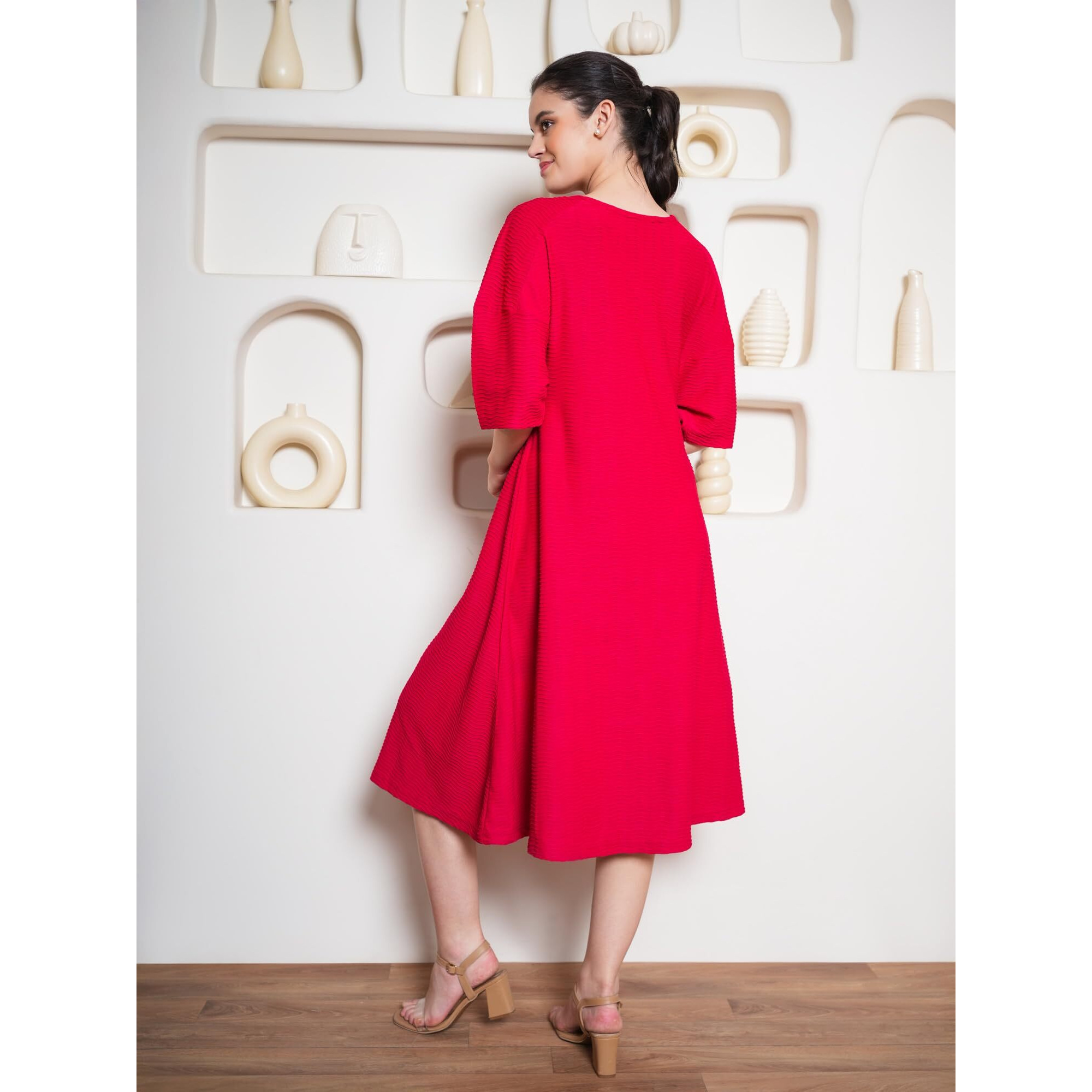 Purvaja Womens A-Line Midi Length Dress (Yuvi-045-Red_Red_Small)