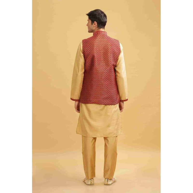 Be Active Men's Regular Kurta Pyjama Set With Nehru Jacket, Solid Straight Long Knee Length Full Sleeves, Ethnic Wear Comfortable Traditional Elegant, Red, Medium (St120-Ser M)