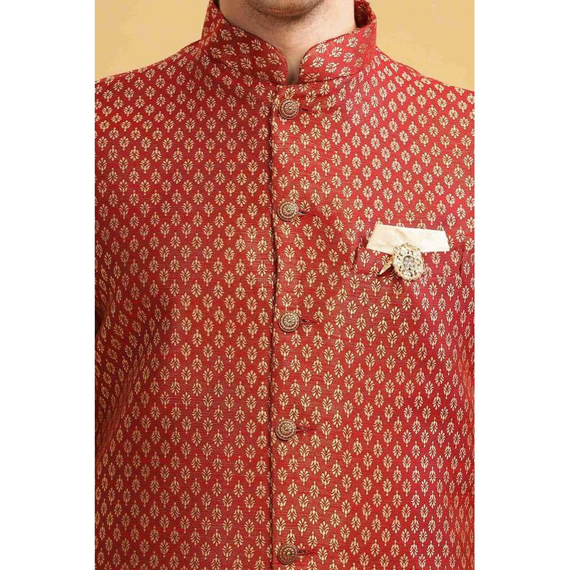 Be Active Men's Regular Kurta Pyjama Set With Nehru Jacket, Solid Straight Long Knee Length Full Sleeves, Ethnic Wear Comfortable Traditional Elegant, Red, Medium (St120-Ser M)