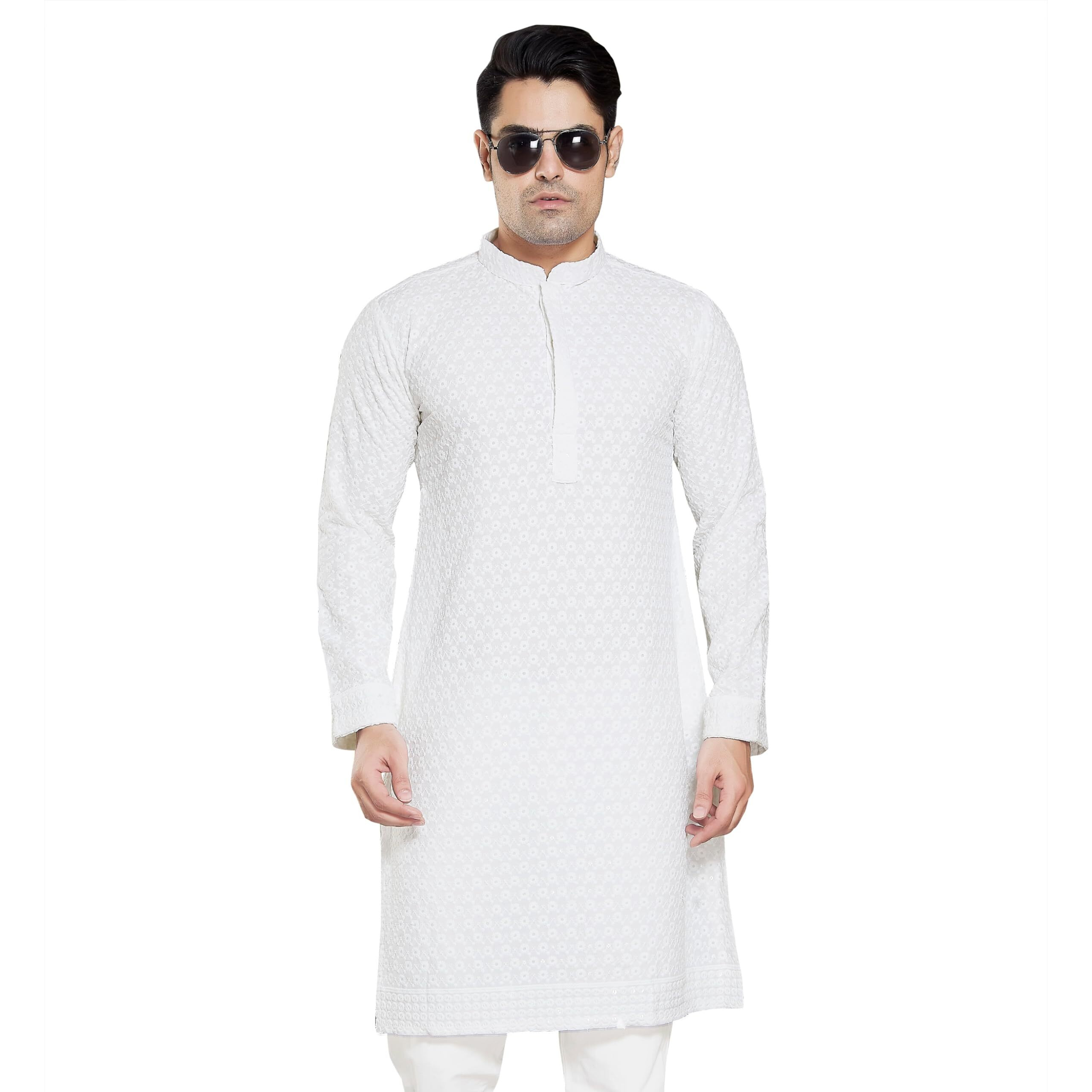 Divisive Men's Sequince Embroidered Cotton Blend Only Slim Fit Kurta (Dkrt16_L_White)