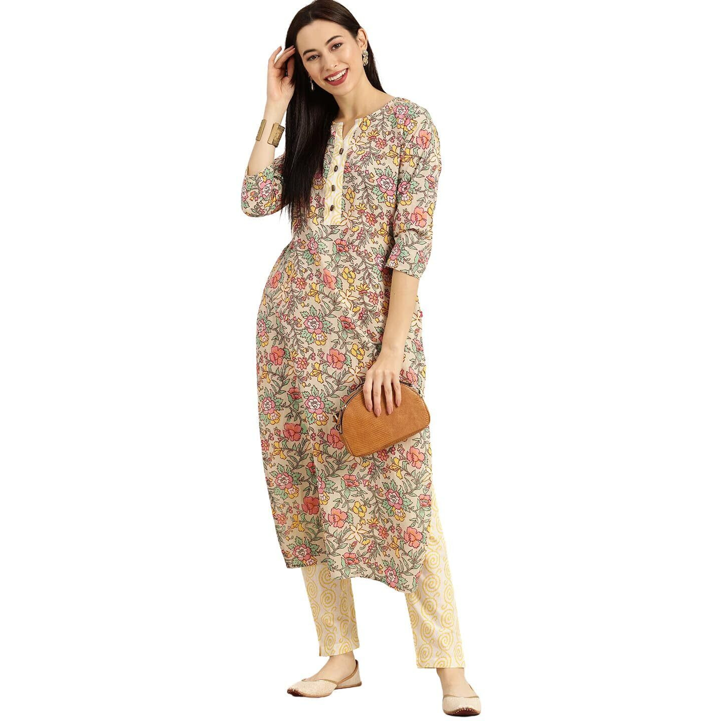 Rytras Women's Printed Straight Kurta And Pant Set(Multicolour,S)