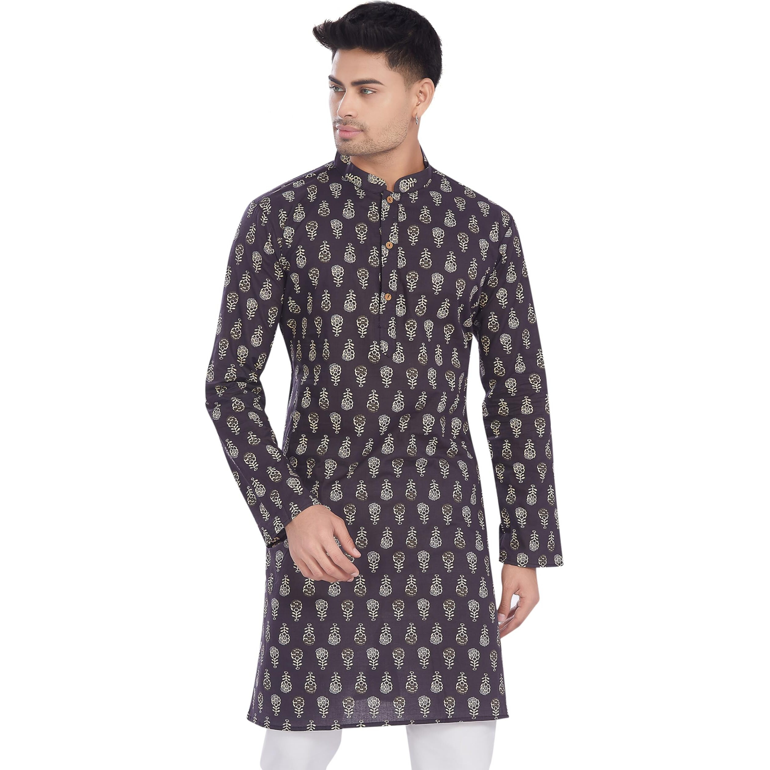 Divisive Men's Ethnic Block Printed Soft Pure Cotton Only Slim Fit Kurta (Dkrt652_L_Dark Navy)
