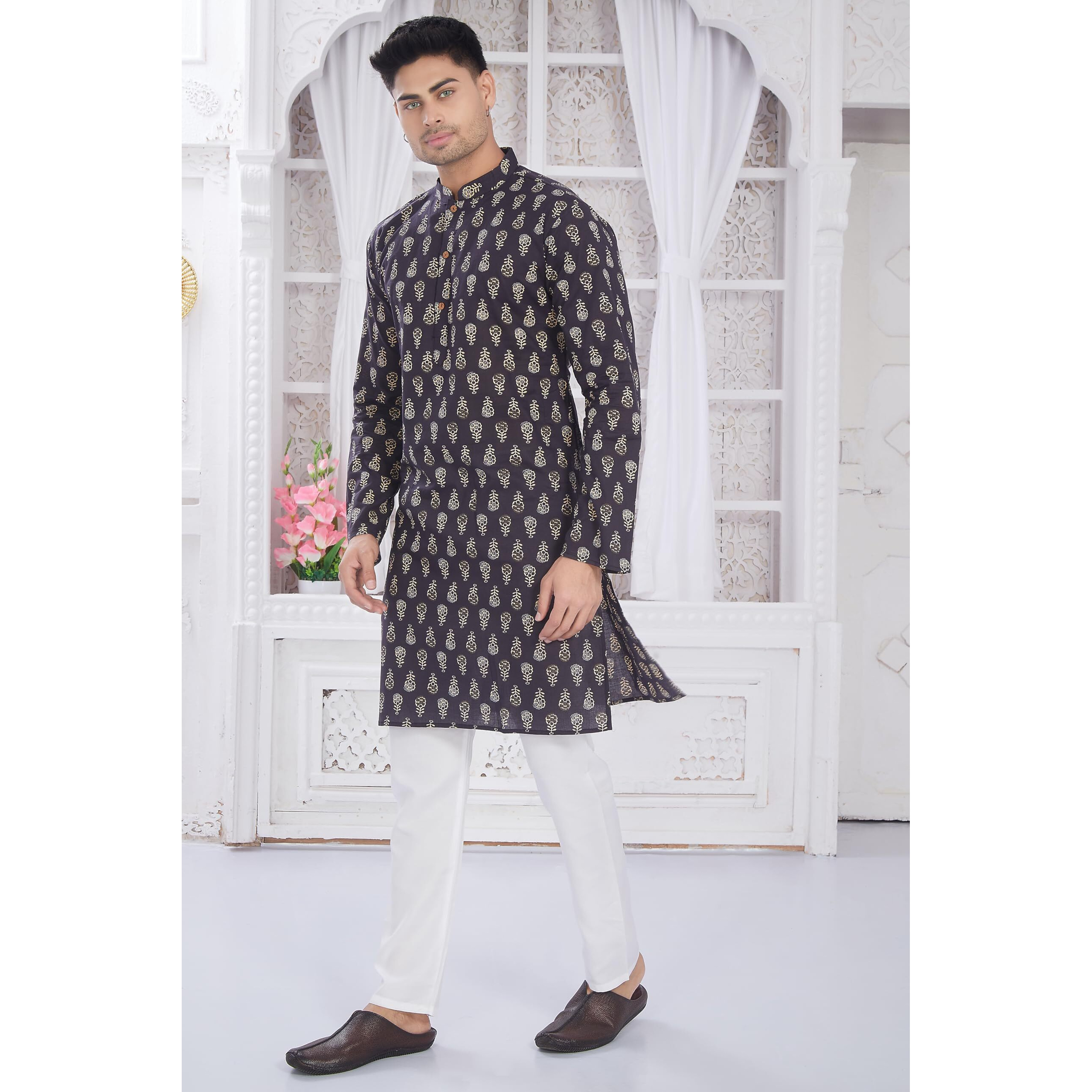 Divisive Men's Ethnic Block Printed Soft Pure Cotton Only Slim Fit Kurta (Dkrt652_L_Dark Navy)