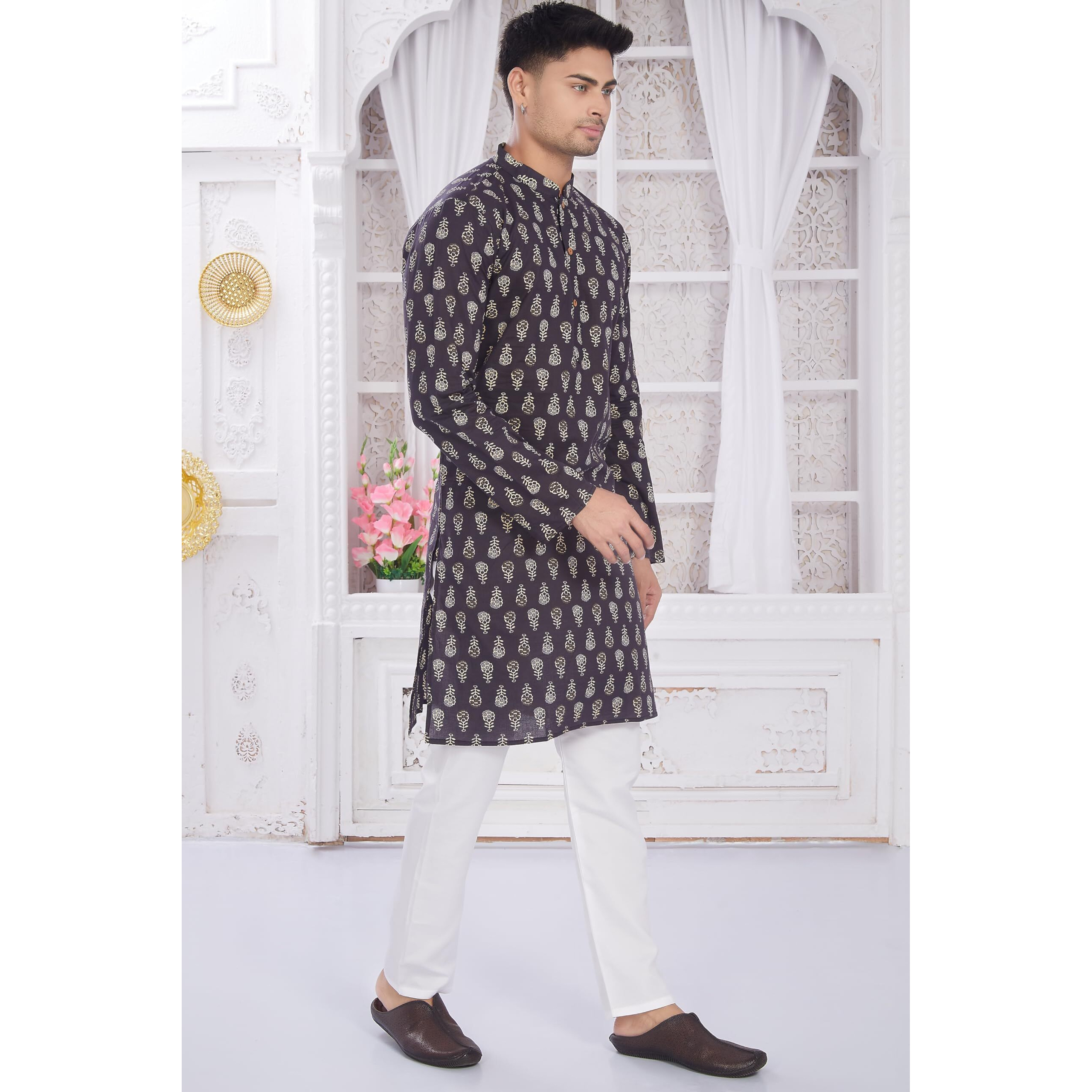Divisive Men's Ethnic Block Printed Soft Pure Cotton Only Slim Fit Kurta (Dkrt652_L_Dark Navy)