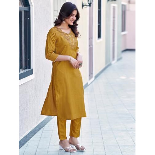 Sanisa Women's Art Silk Sequence Embroidery Work Straight Kurta With Pant And Dupatta Set (143Kbd1545Nr-S_Mustard Yellow)