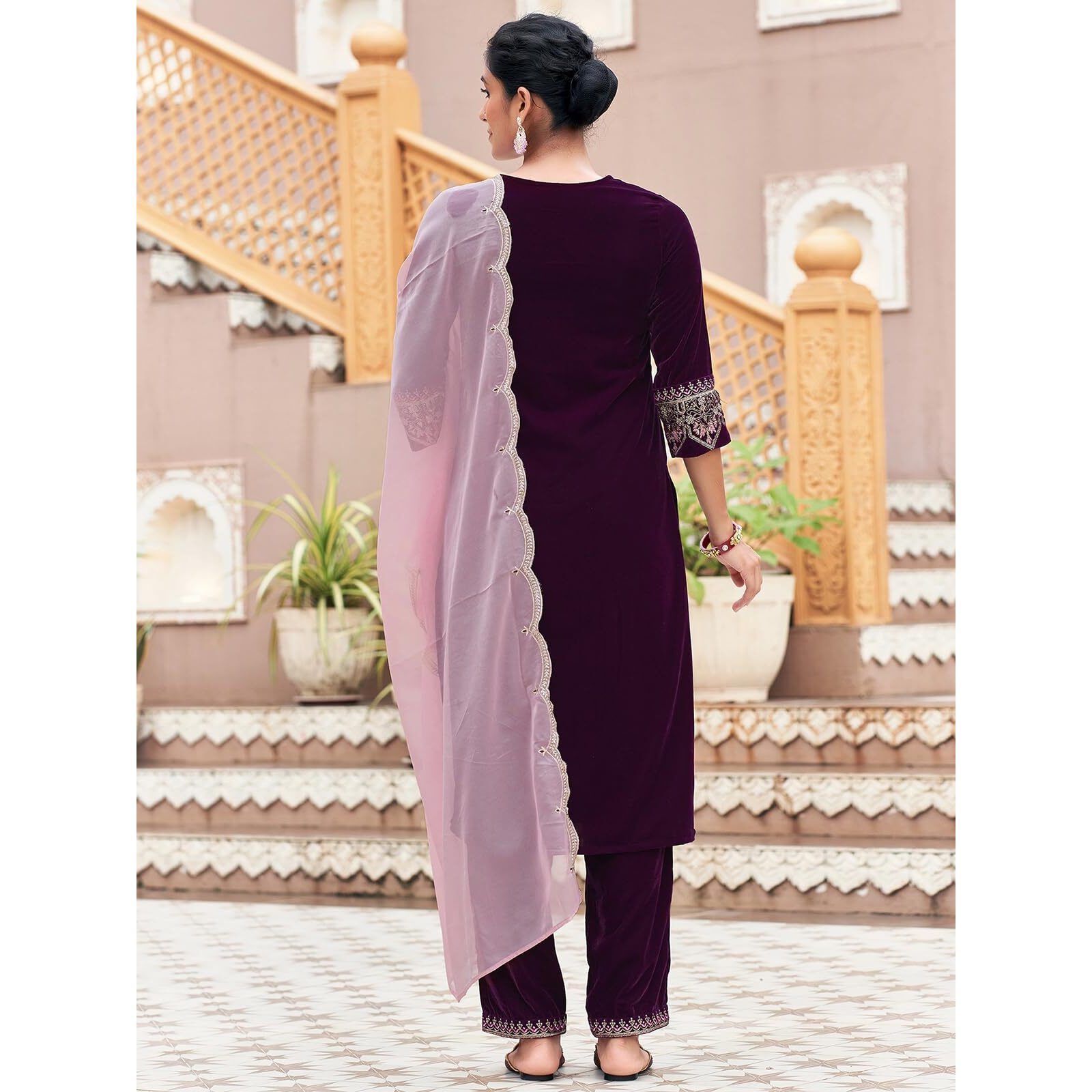 Sanisa Women's Velvet Sequins Embroidery Straight Kurta With Pant And Dupatta Set (218Kbd2312N-S_Wine)