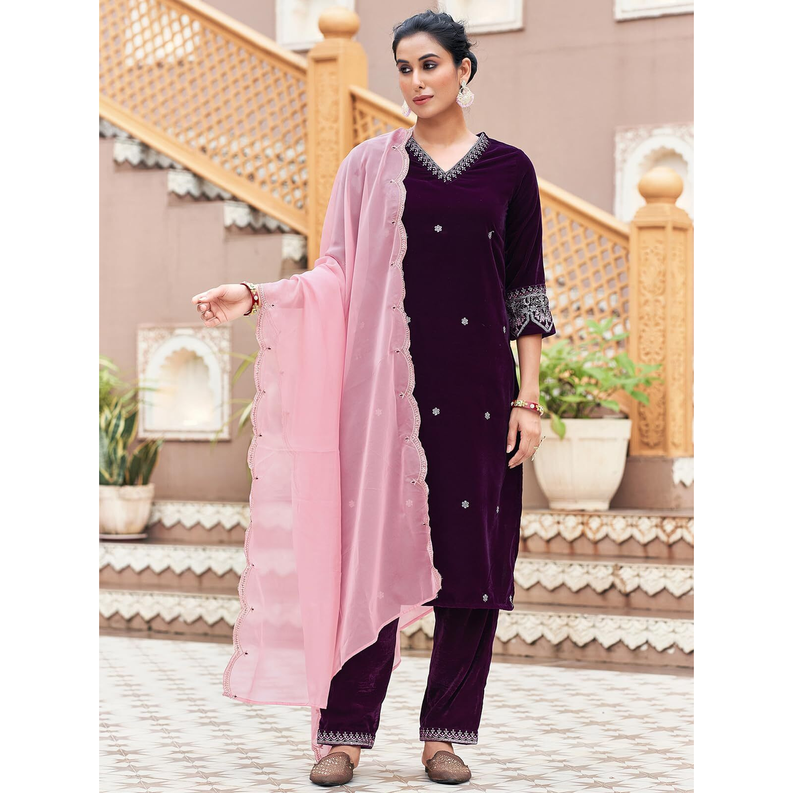 Sanisa Women's Velvet Sequins Embroidery Straight Kurta With Pant And Dupatta Set (218Kbd2312N-S_Wine)