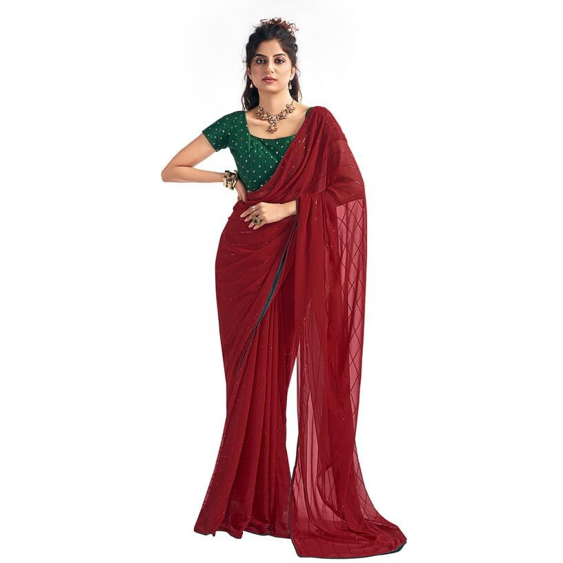 Satrani Women's Georgette Sequence Work & Piping Border Saree With Unstitched Blouse Piece (3475S710N_Maroon)