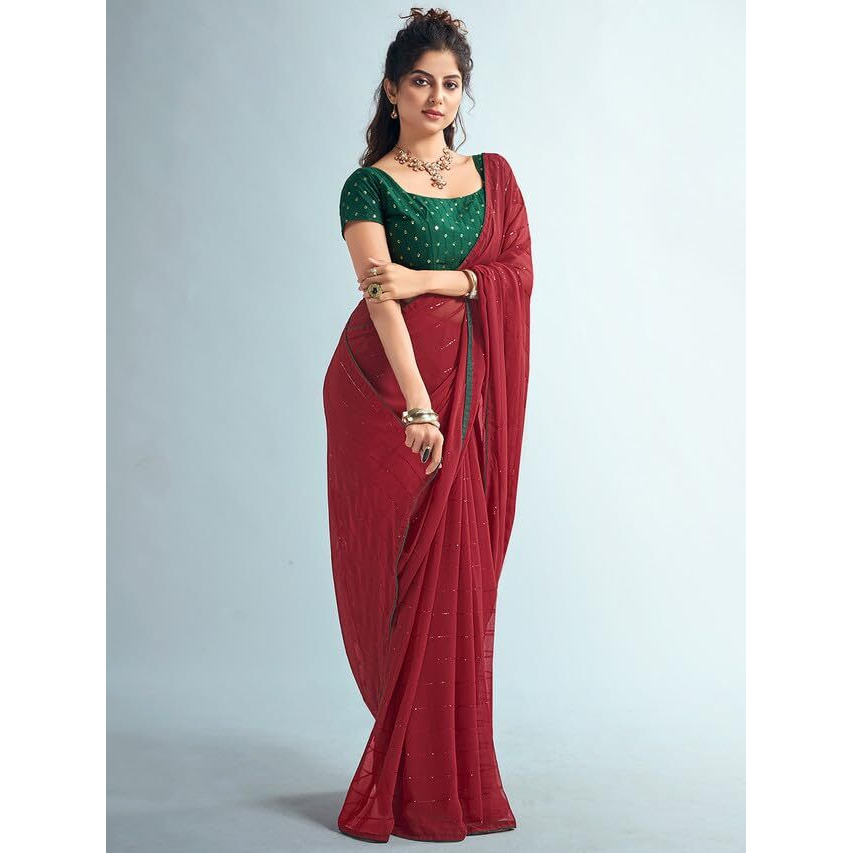 Satrani Women's Georgette Sequence Work & Piping Border Saree With Unstitched Blouse Piece (3475S710N_Maroon)