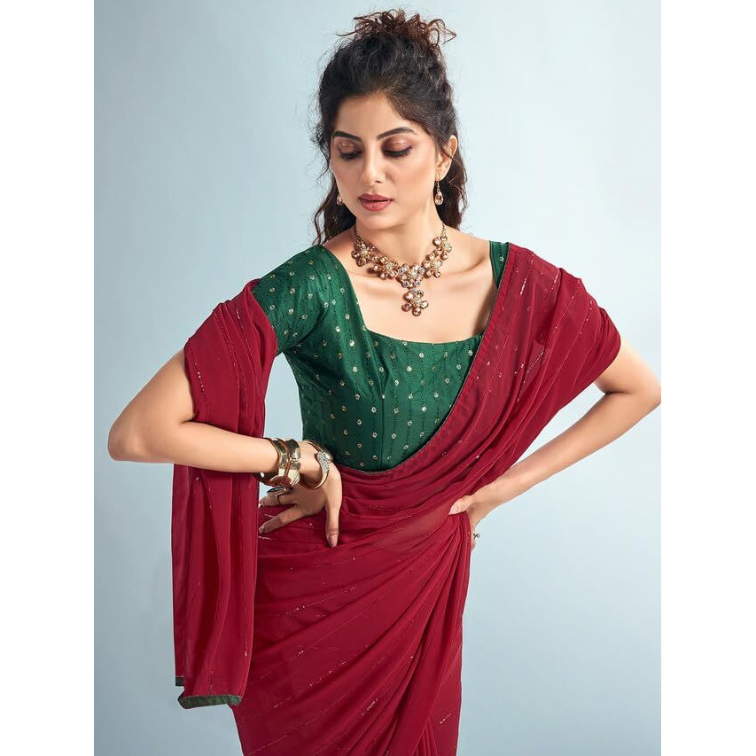 Satrani Women's Georgette Sequence Work & Piping Border Saree With Unstitched Blouse Piece (3475S710N_Maroon)