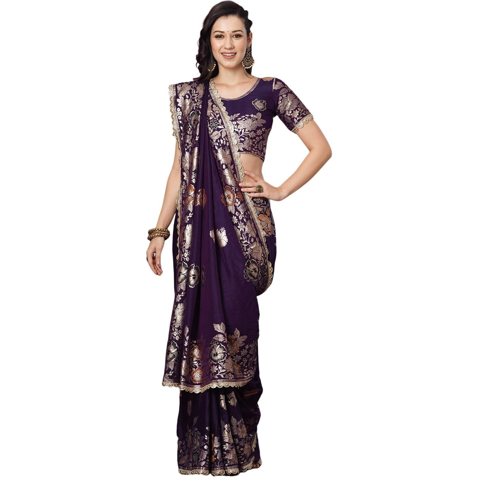 Satrani Women's Cotton Silk Banarasi Jacquard Saree With Unstitched Blouse Piece (4067S6421N_Dark Purple)