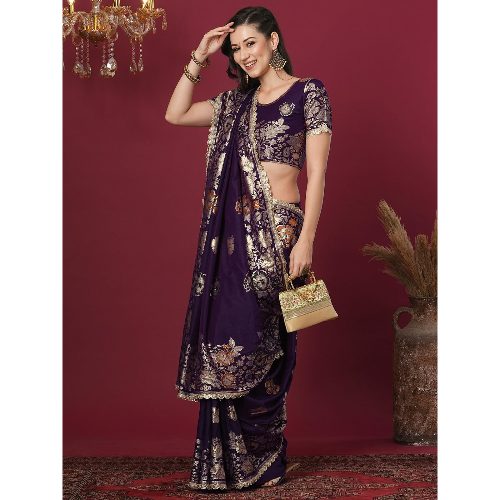 Satrani Women's Cotton Silk Banarasi Jacquard Saree With Unstitched Blouse Piece (4067S6421N_Dark Purple)
