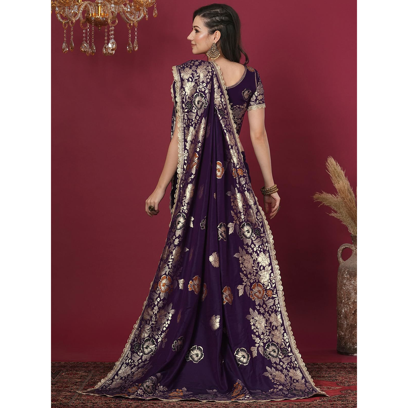 Satrani Women's Cotton Silk Banarasi Jacquard Saree With Unstitched Blouse Piece (4067S6421N_Dark Purple)