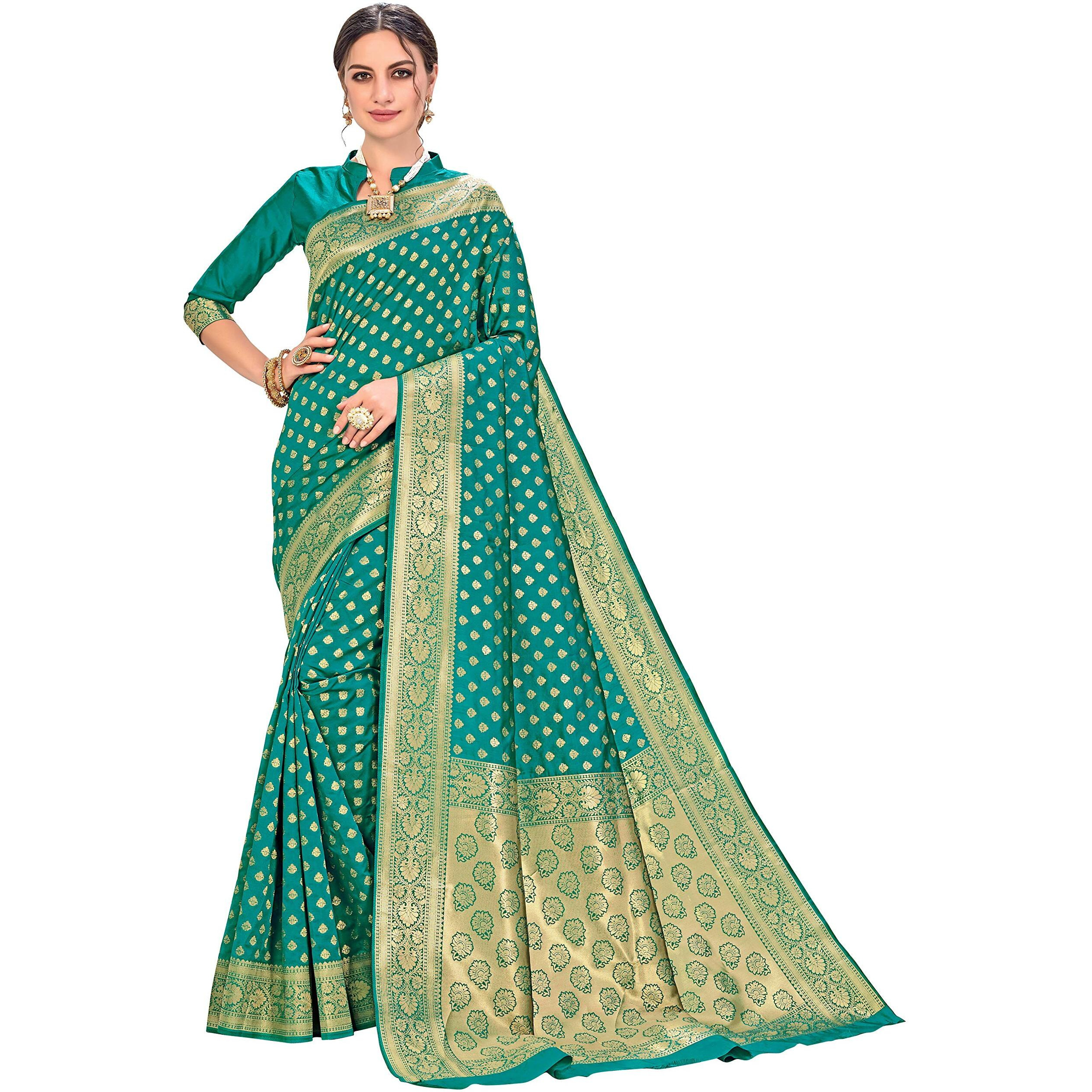 Glory Sarees Women's Woven Pure Soft Kanjivaram Silk Saree Banarasi Style With Blouse Piece For Wedding (Kara128_Rama)