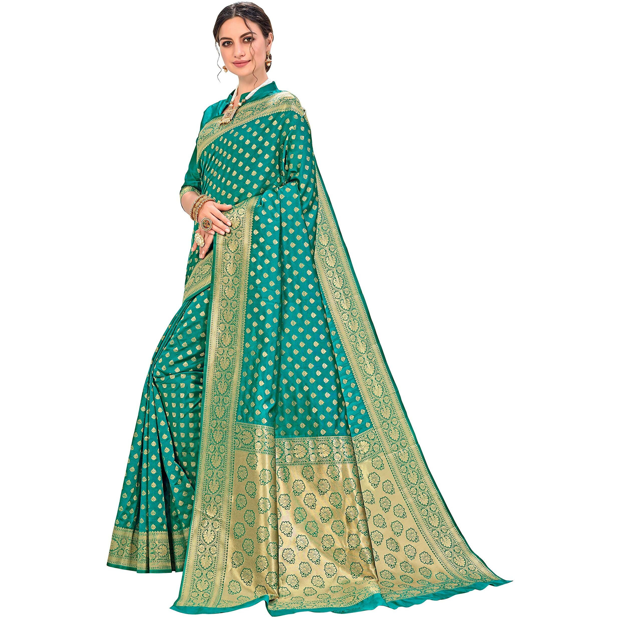 Glory Sarees Women's Woven Pure Soft Kanjivaram Silk Saree Banarasi Style With Blouse Piece For Wedding (Kara128_Rama)