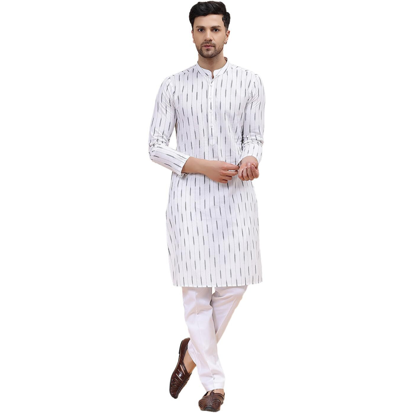 See Designs White Cotton Regular Fit Mandarin Collar Printed Kurta Set Long Sleeves_Sdkt121901Xs