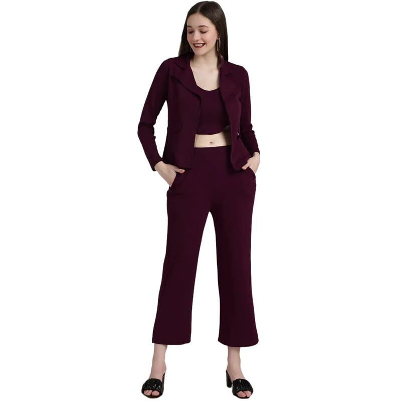Selvia Women's Cuff Sleeve Lycra Collared Neck 3 Piece Blazer Co-Ords Dress(485Tk10673Na-Xl_Maroon)