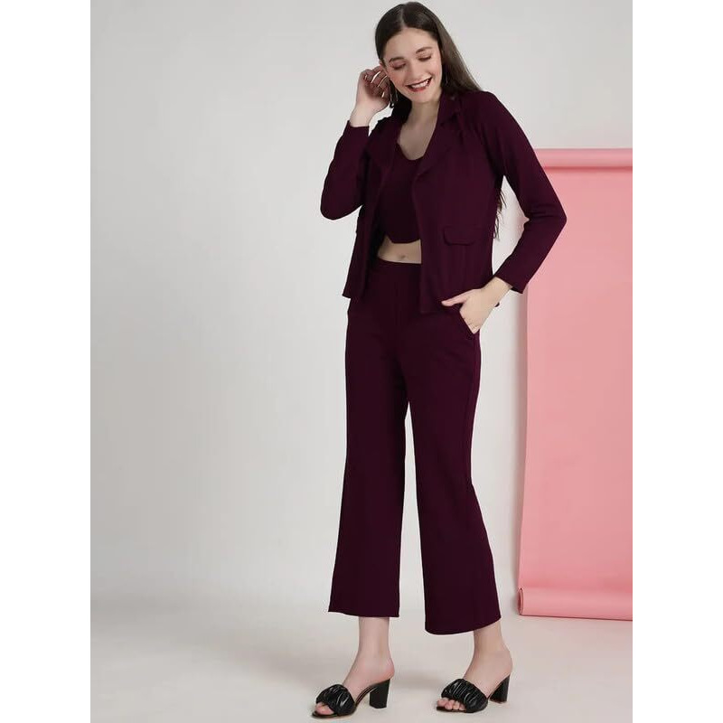 Selvia Women's Cuff Sleeve Lycra Collared Neck 3 Piece Blazer Co-Ords Dress(485Tk10673Na-Xl_Maroon)