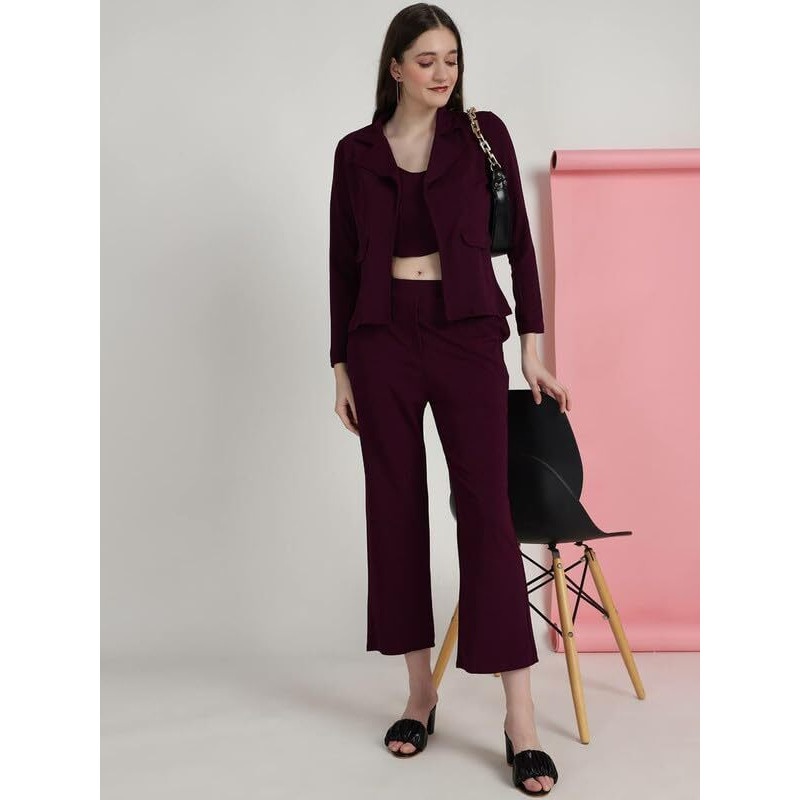 Selvia Women's Cuff Sleeve Lycra Collared Neck 3 Piece Blazer Co-Ords Dress(485Tk10673Na-Xl_Maroon)