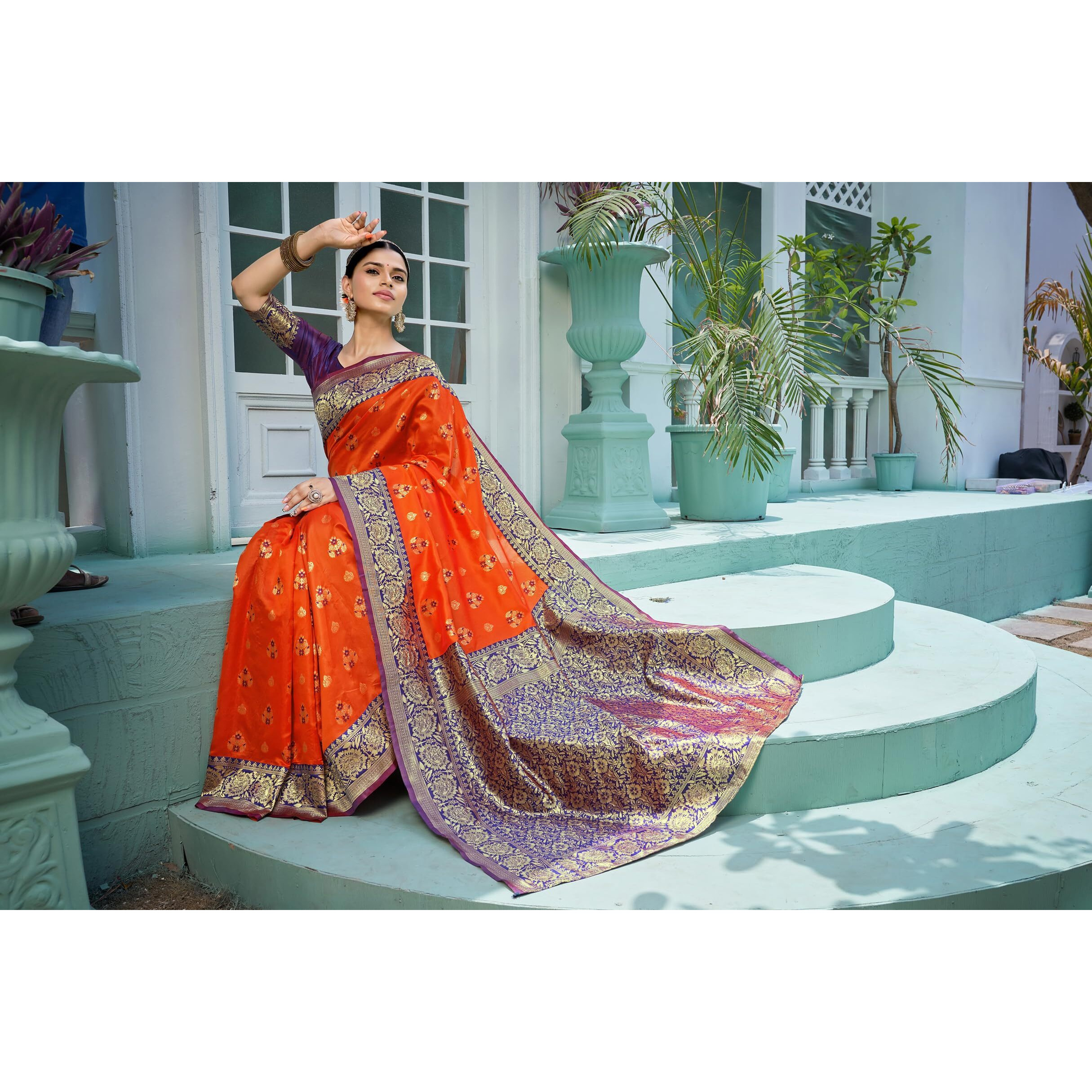 Glory Sarees Womens Banarasi Silk Saree With Blouse Piece (Rich_Silk105_Orange)