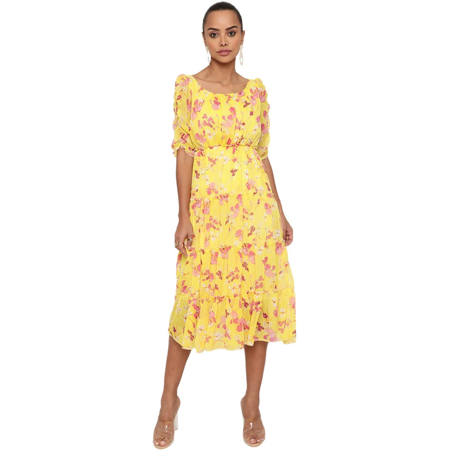 Shasmi Women's Yellow Chiffon Solid Floral Sweetheart Neck A-Line Dress For Women (Dress 60 Yellow L)