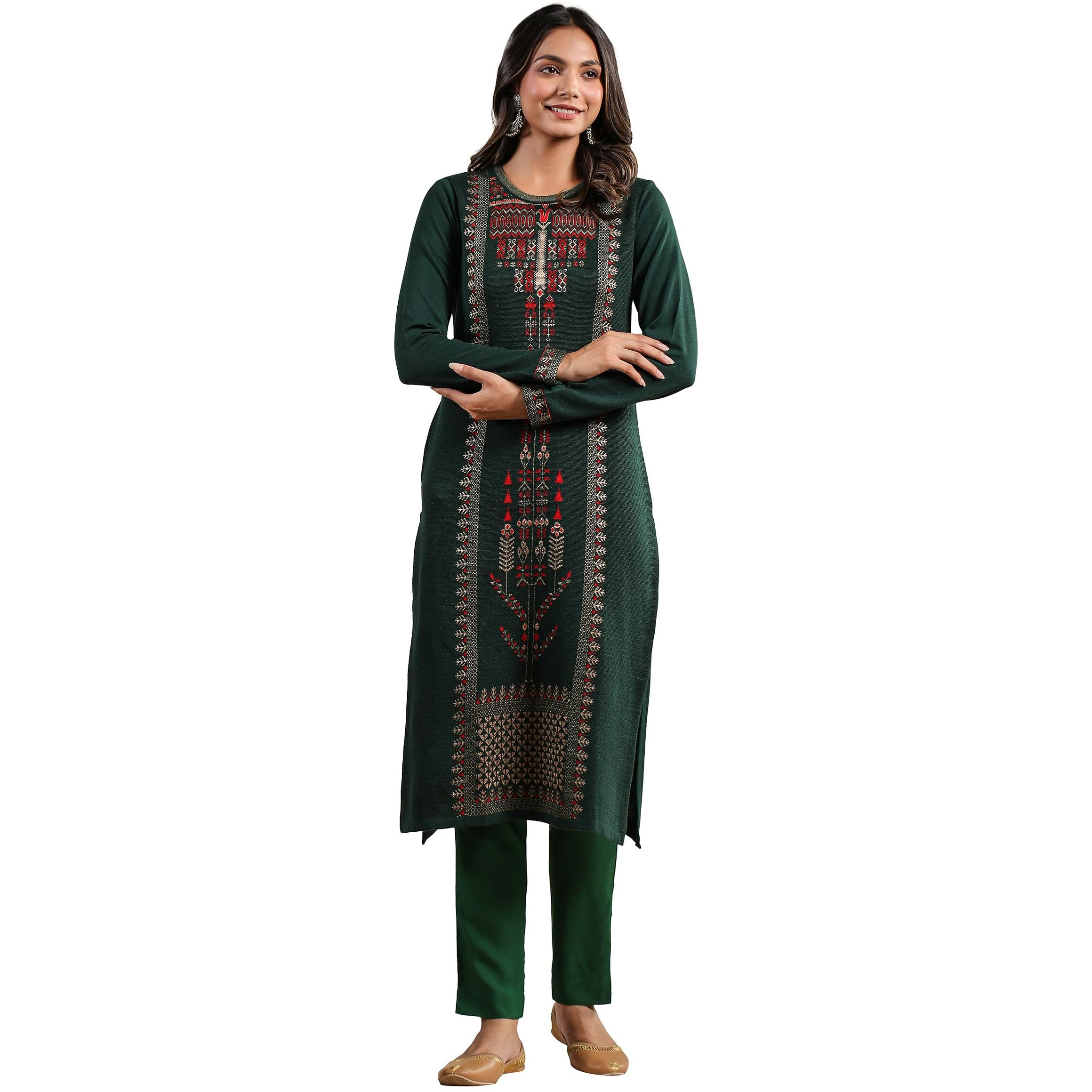 Ishin Women's Green Jacquard Style Ethnic Motifs Straight Winterwear Kurta