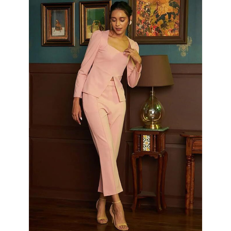 Selvia Women's Puff Sleeve Lycra Sweetheart Neck Casual 2 Piece Co-Ords Dress (485Tk10672Nc-Xxl_Peach)