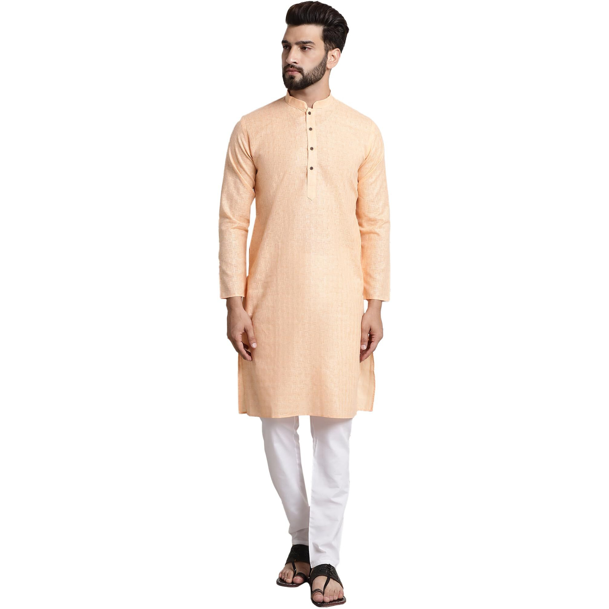 Sojanya (Since 1958 Men's Cotton Blend Peach Checked Kurta And White Churidar Pyjama Set