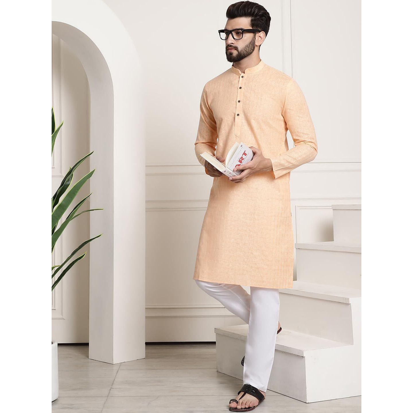 Sojanya (Since 1958 Men's Cotton Blend Peach Checked Kurta And White Churidar Pyjama Set