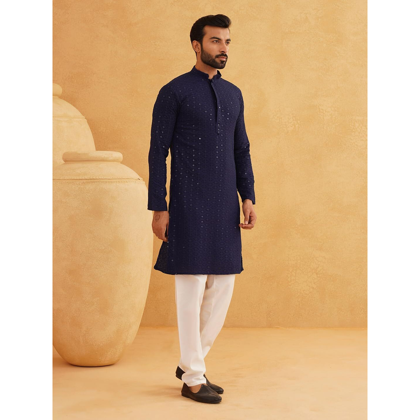 Sojanya (Since 1958 Men's Pure Cotton Navy Blue Embroidered Sequined Kurta And White Pyjama Set