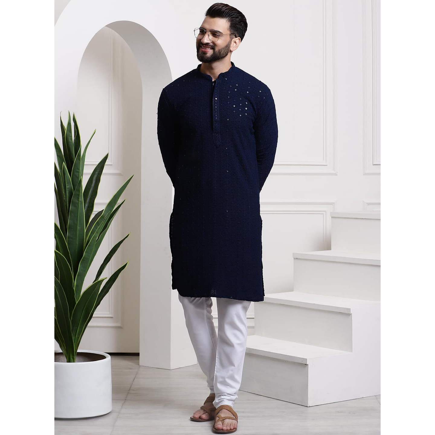 Sojanya (Since 1958 Men's Pure Cotton Navy Blue Sequence Kurta & White Pyjama Set