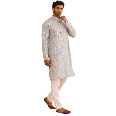 Sojanya (Since 1958 Men's Pure Cotton Grey Designer Kurta And White Churidar Pyjama Set