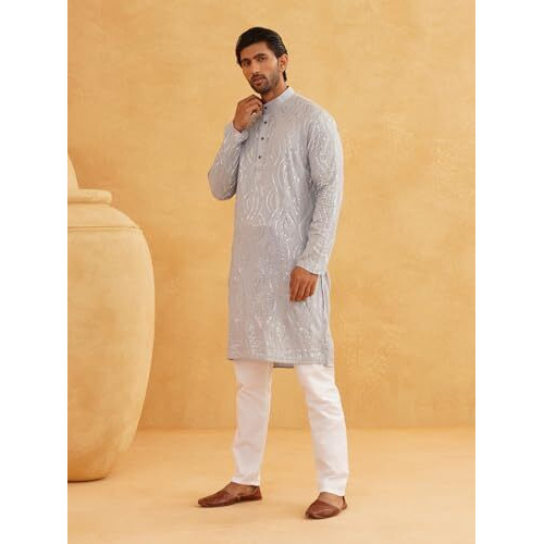 Sojanya (Since 1958 Men's Pure Cotton Grey Designer Kurta And White Churidar Pyjama Set