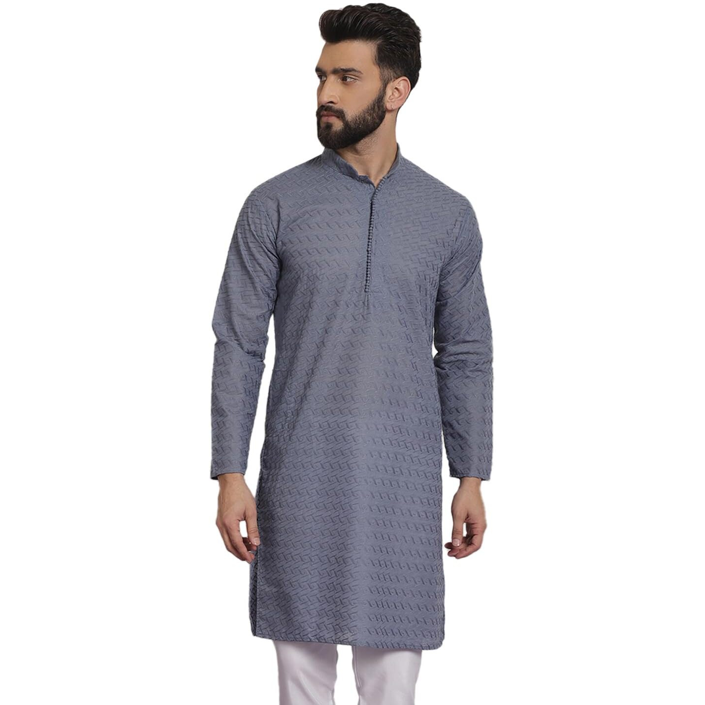 Sojanya (Since 1958 Ethnic Motifs Embroidered Thread Work Pure Cotton Grey Straight Only Kurta
