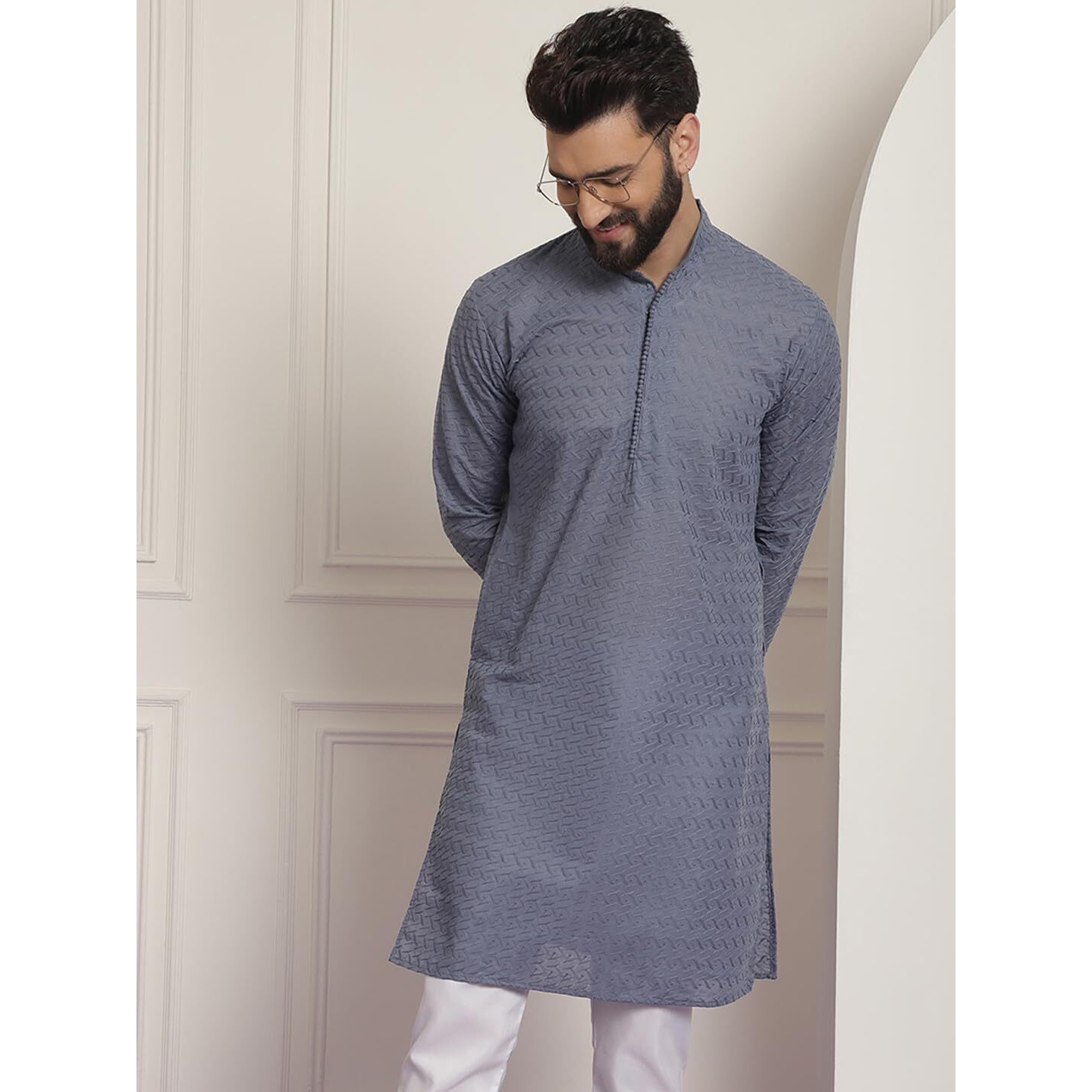 Sojanya (Since 1958 Ethnic Motifs Embroidered Thread Work Pure Cotton Grey Straight Only Kurta