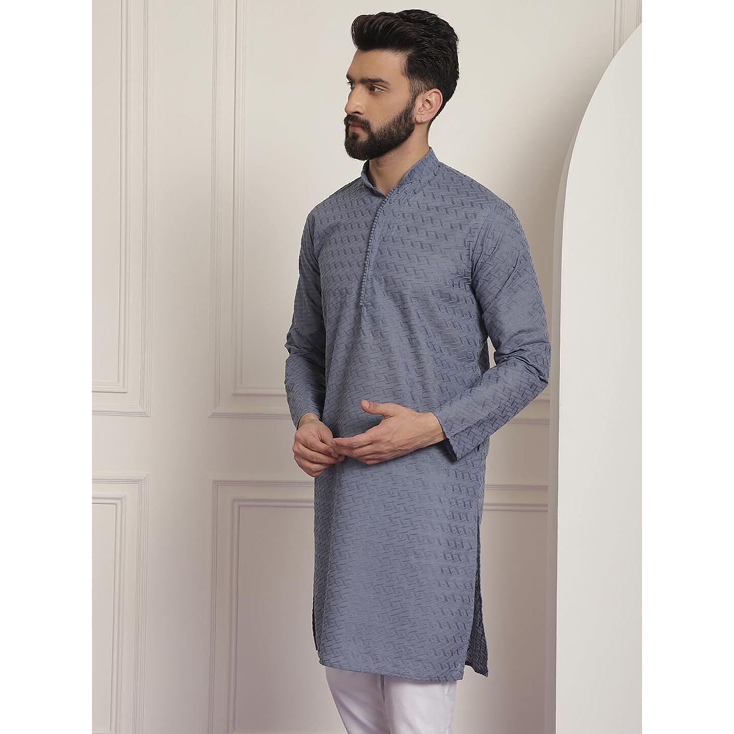 Sojanya (Since 1958 Ethnic Motifs Embroidered Thread Work Pure Cotton Grey Straight Only Kurta