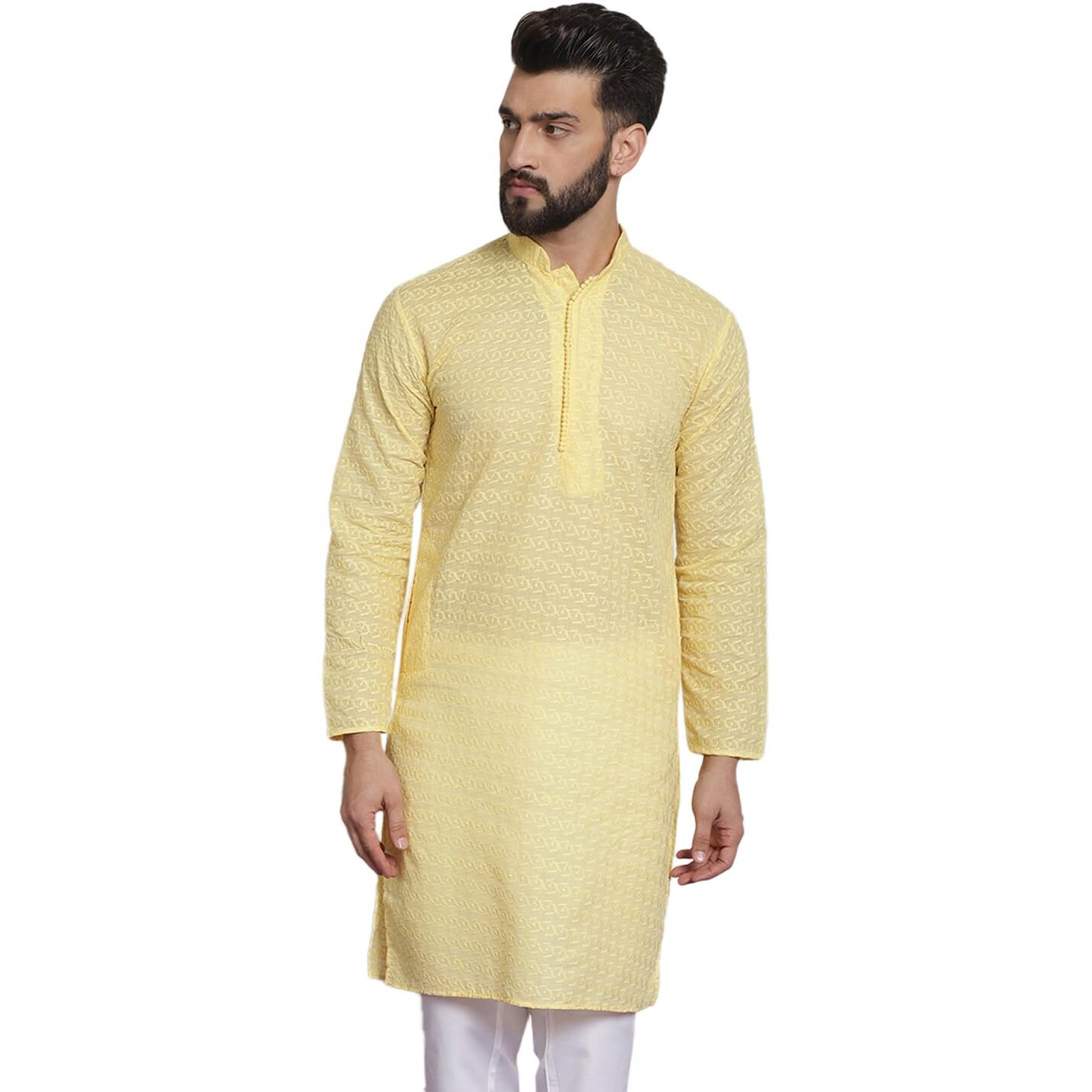 Sojanya (Since 1958 Ethnic Motifs Embroidered Thread Work Pure Cotton Yellow Straight Only Kurta